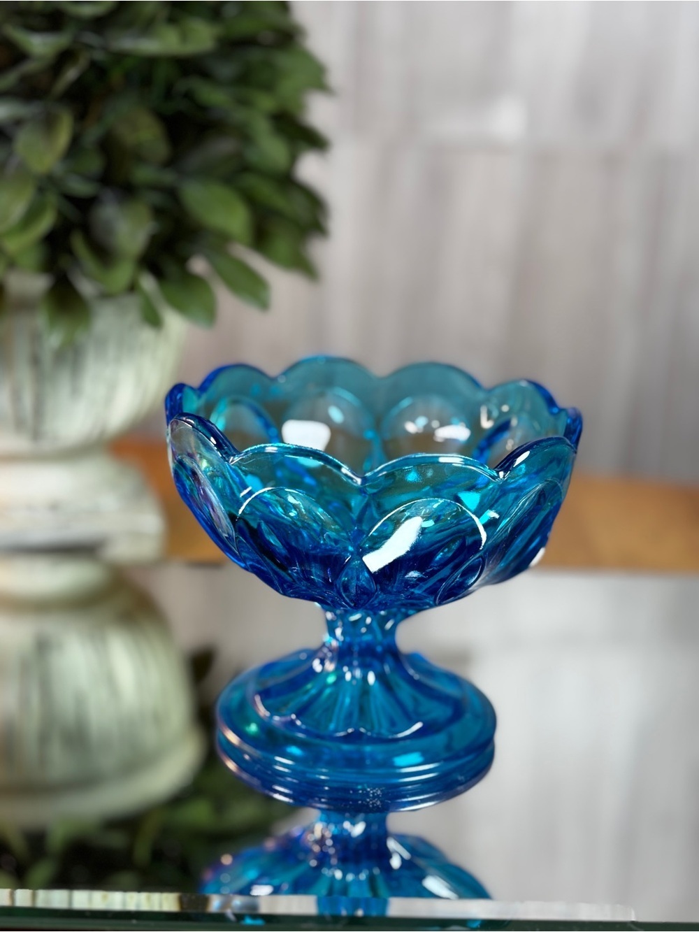 Vintage Blue Pressed Glass Pedestal Compote Bowl Decorative Candy Dish